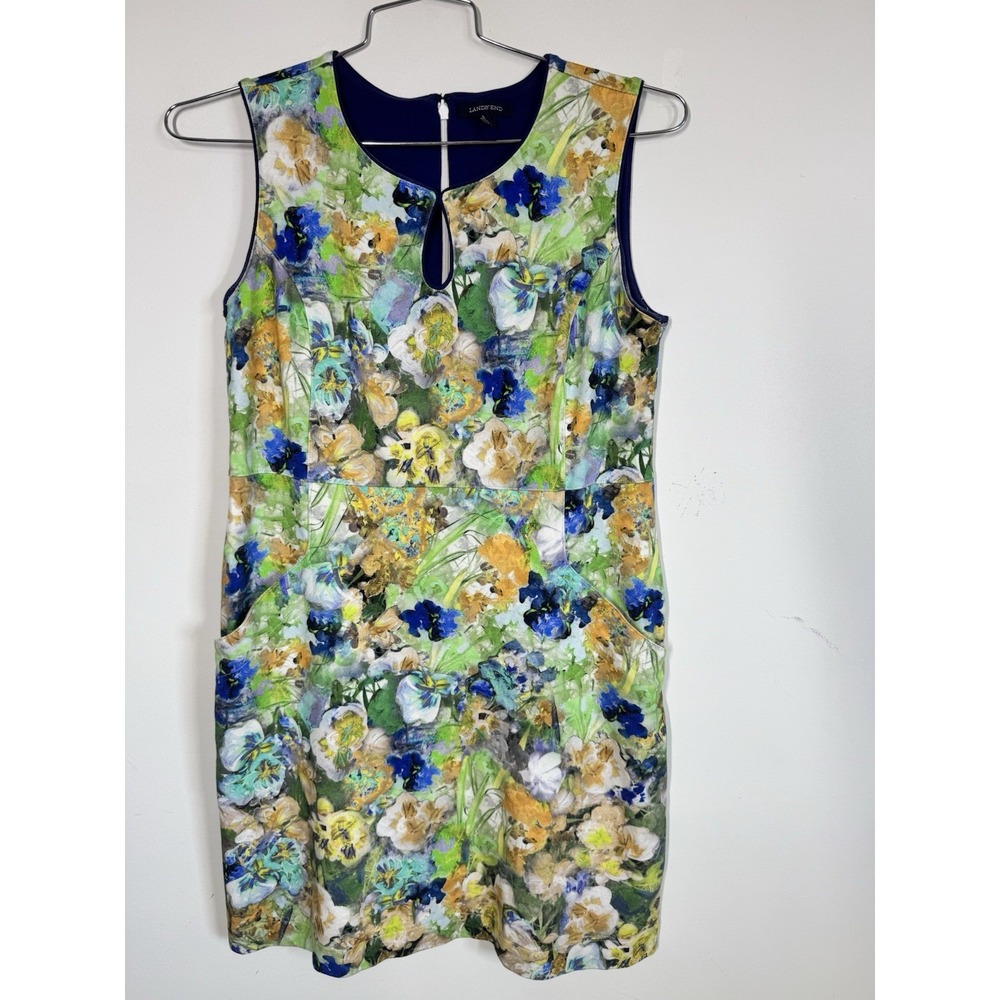 Lands End Sleeveless Floral Ponte Knit Sheath Dress Womens 14 Work Cruise Church
